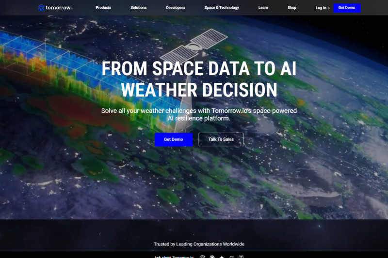 The homepage of the official website of the US climate technology company Tomorrow.io. (Screenshot)