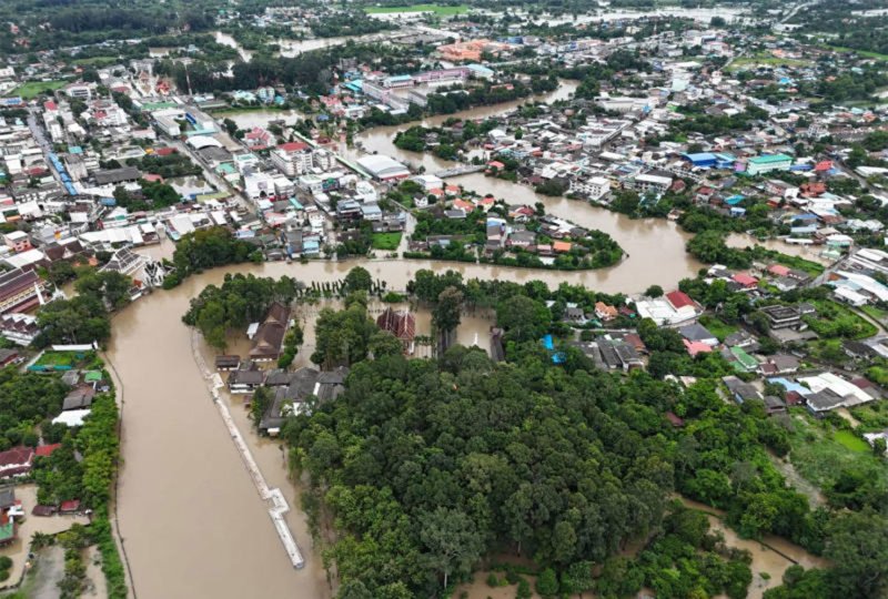 Aerial drone images showed floodwaters covering much of the Nakhon Nayok municipal area on Sept 30. (Photo: Nakhon Nayok Public Works and Town&Country Planning Office)