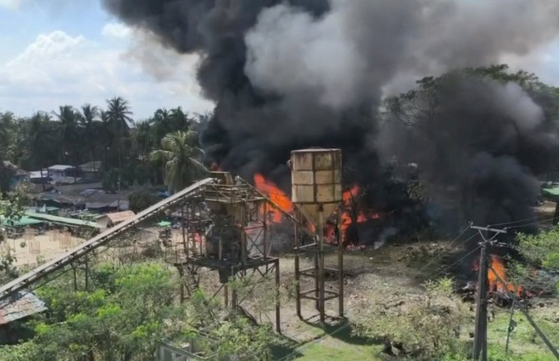 Smoke rises as fire burns following a Myanmar military airstrike at a market in Kyauktaw in Rakhine state on Sept 28, 2026. (Photo: Social media via Reuters)
