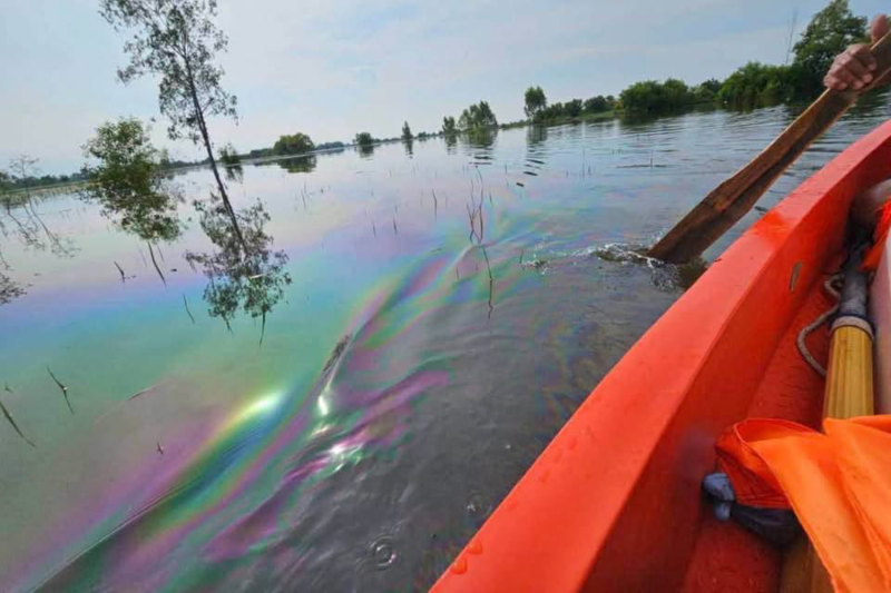 A rainbow-coloured sheen is seen on the surface of floodwater covering farmland in Prachin Buri province. (Photo: Prachin Buri Public Relations)