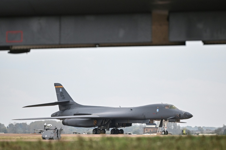 A US Air Force B-1 Lancer bomber is pictured on the tarmac at RAF Fairford base in Fairford, south-west England on Sept 27, 2026. (Photo: AFP)