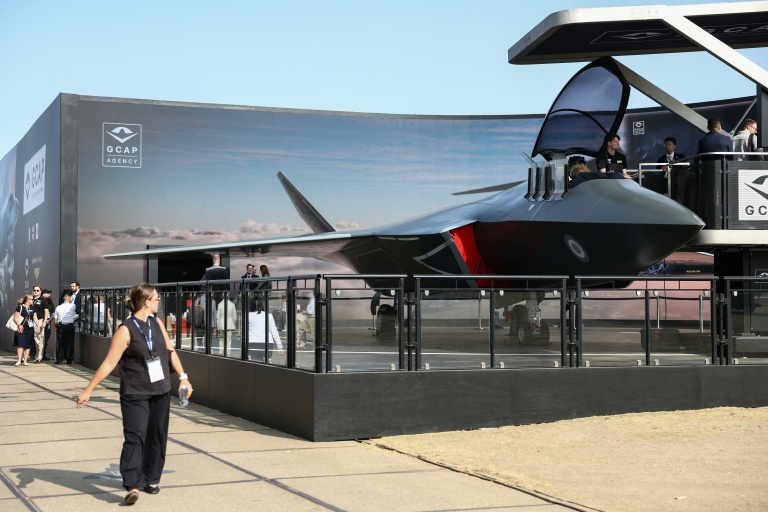 A model of the Tempist stealth jet for the Global Combat Air Programme (GCAP) at the Farnborough airshow in Britain in July 2026. (Photo: AFP)