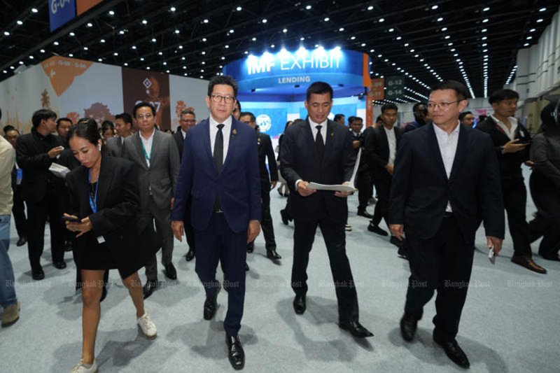 Deputy Prime Minister and Finance Minister Ekniti Nitithanprapas, centre, accompanied by relevant officials, inspects preparations at the Queen Sirikit National Convention Center, the venue of the the 2026 IMF-World Bank Group Annual Meetings, scheduled for Monday to Oct 18. (Photo: Wisuttipong Rodpai)