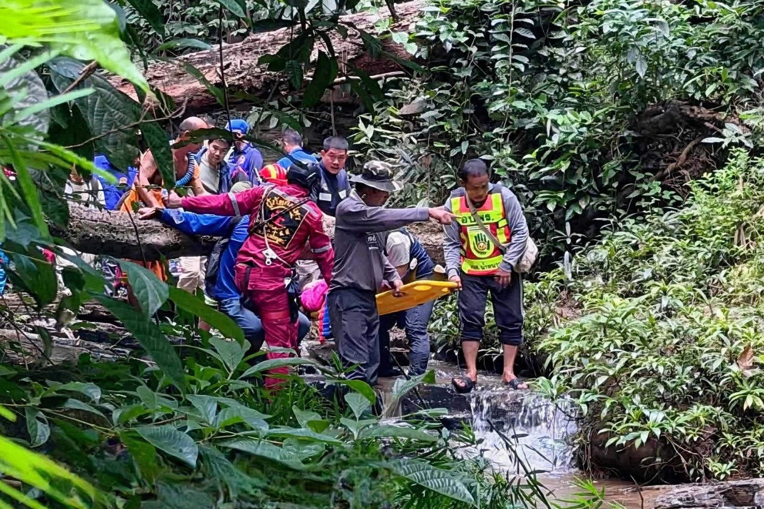 Rescuers helping the tourists out of Tat Mok Waterfall. (Photo: Sunthorn Khongworakhom)