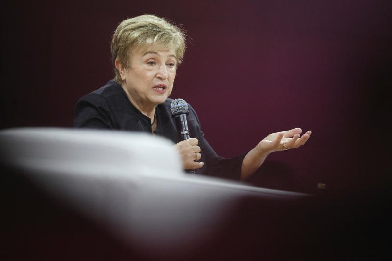 International Monetary Fund Managing Director Kristalina Georgieva speaks as Singapore President Tharman Shanmugaratnam (centre) and President of the World Bank Group Ajay Banga look on during the IMF and World Bank 2026 Annual Meetings at Queen Sirikit National Convention Center on Monday. (Photo: Reuters)