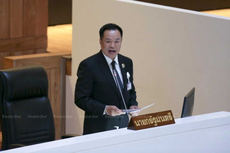 Prime Minister Anutin Charnvirakul presents the government’s policy statement in parliament in April. Chanat Katanyu