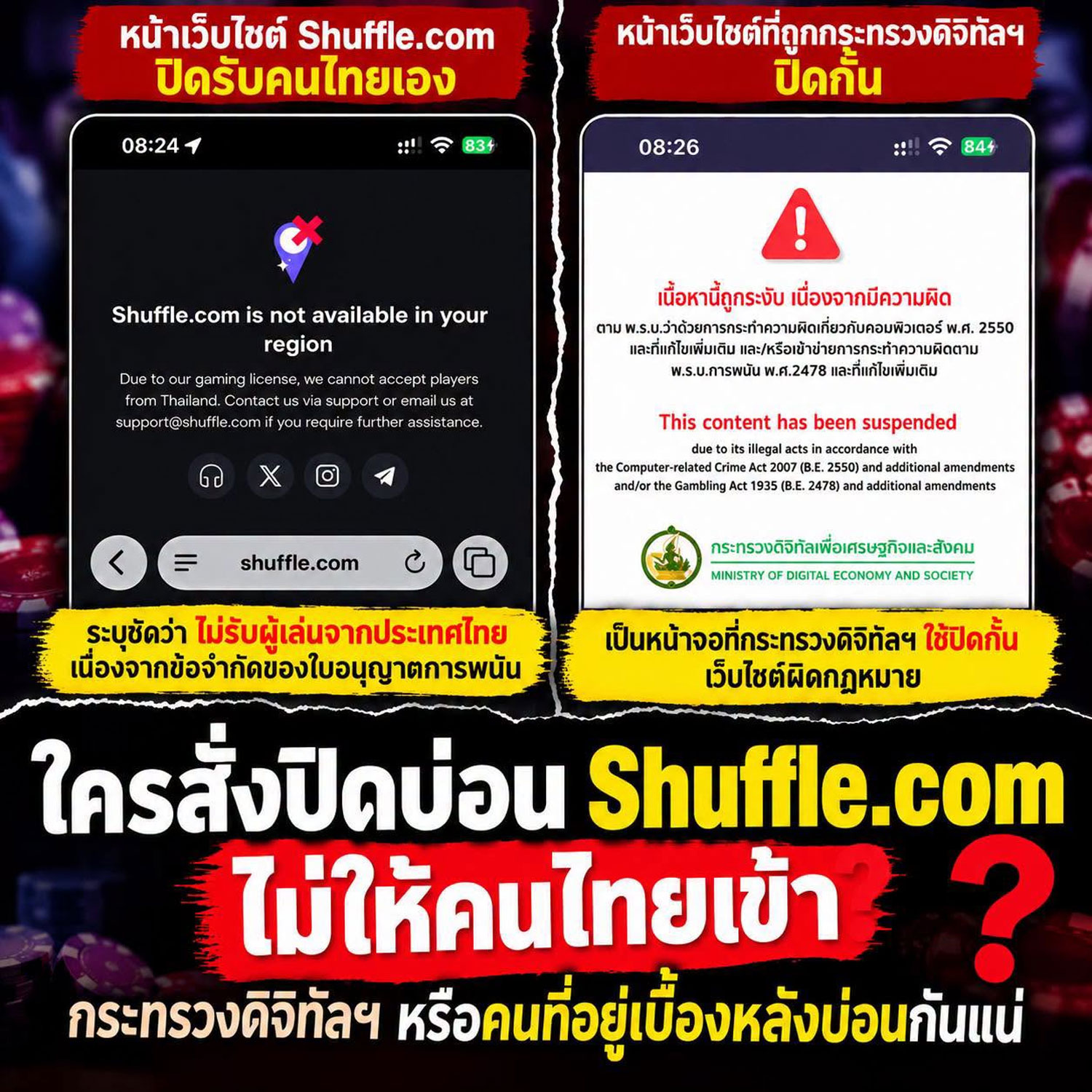 Former Democrat MP Sirichok Sopha posts “Who ordered Shuffle.com to block Thai players?” on his Facebook account. He also  shows two screenshots: one showing Shuffle.com announcing that it would no longer accept players from Thailand, and another illustrating the type of page displayed when the Ministry of Digital Economy and Societyblocks illegal websites.