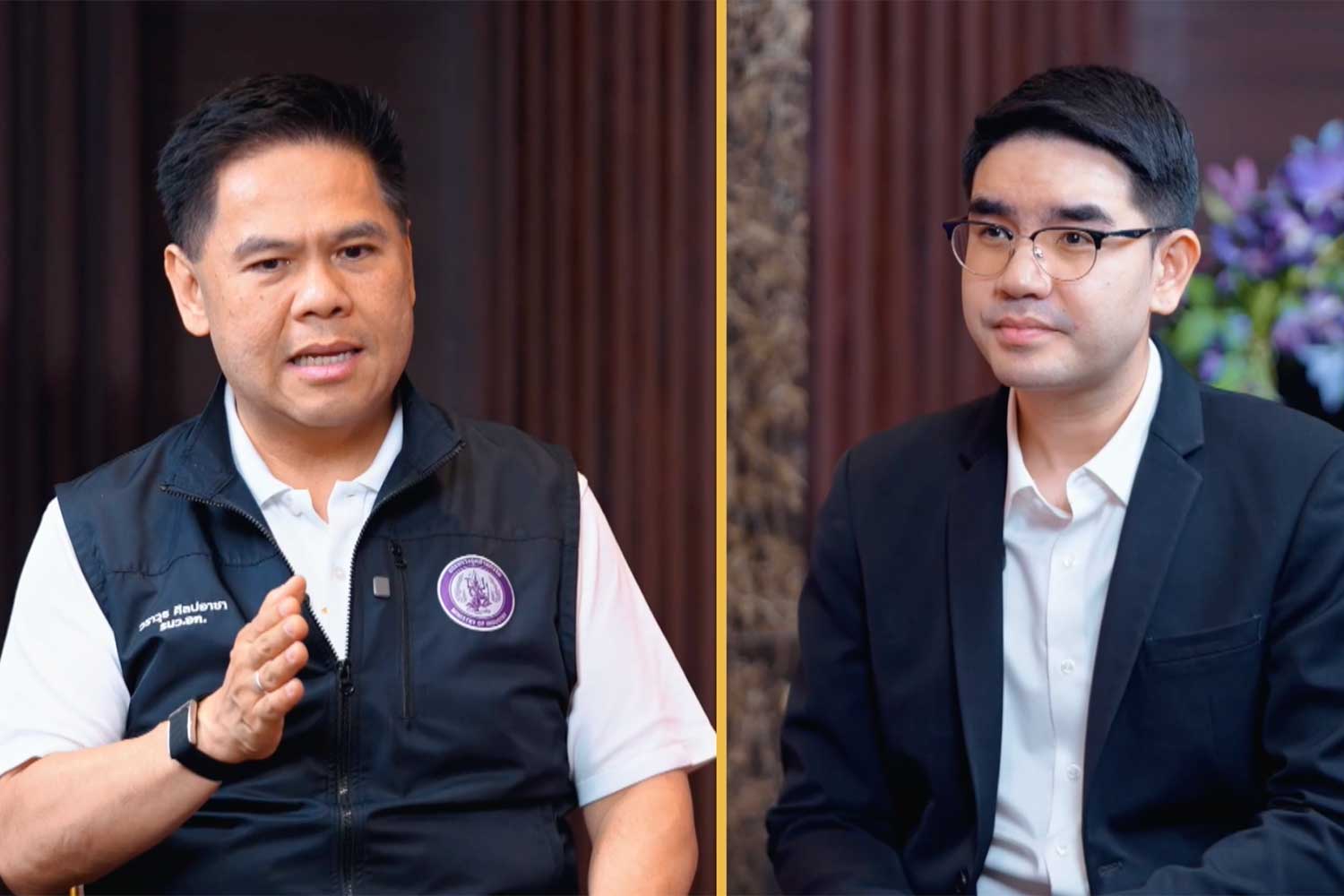 Industry Minister Varawut Silpa-archa in the "Talking with the Anutin Cabinet" TV programme with the show host on Saturday. Screenshot from Government House's Facebook page