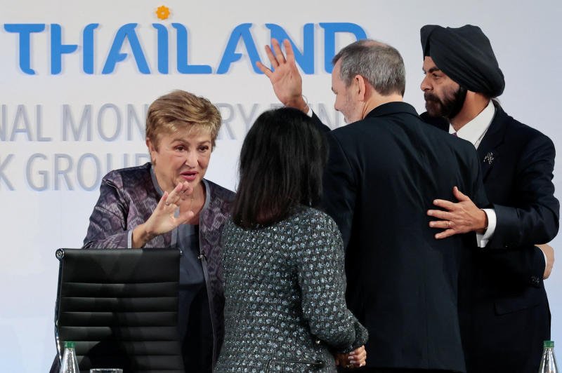 Kristalina Georgieva, the International Monetary Found managing director (left), World Bank President Ajay Banga (right) and two high-profile delegates in the recently ended IMF and World Bank annual meetings at Queen Sirikit National Convention Center. (Photo: Reuters)