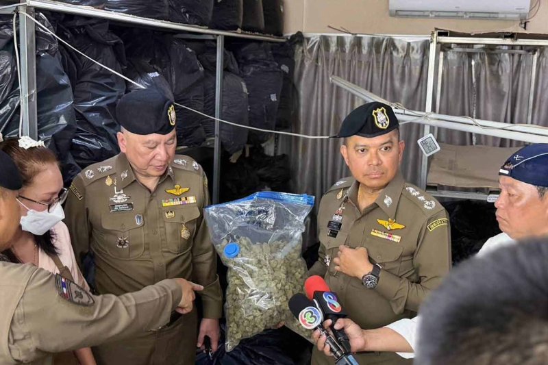 Immigration police chief Pol Lt Gen Noppasilp Poonsawat holds a bag of seized cannabis buds while talking to a suspect at a house in Bang Khen district, Bangkok, on Monday. (Police photo)
