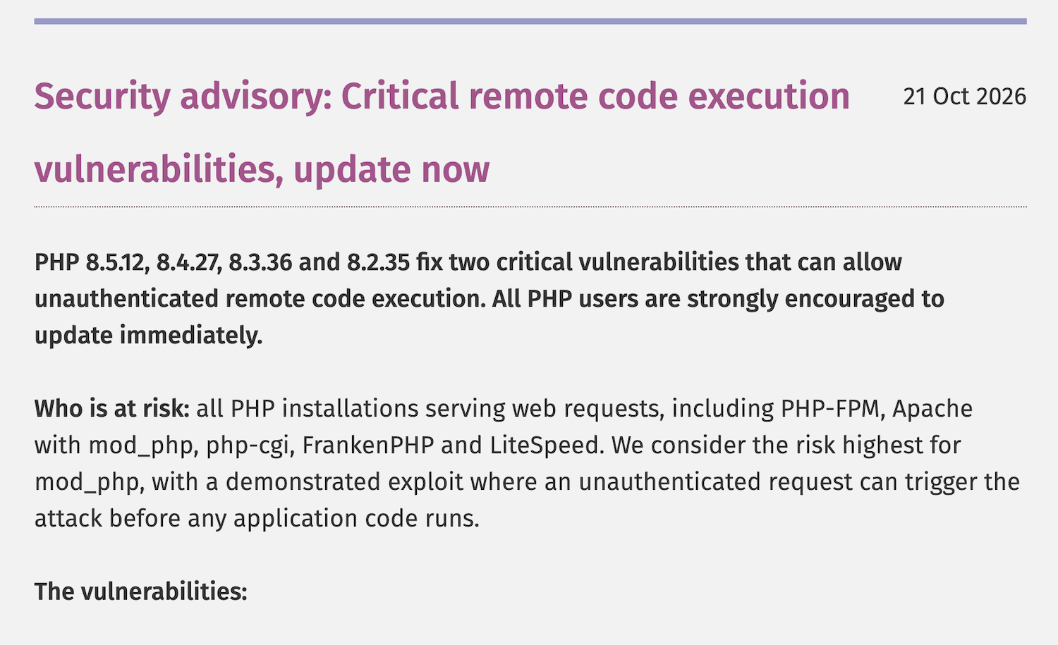 An urgent update notice posted at Php.net on Oct 21, 2026.