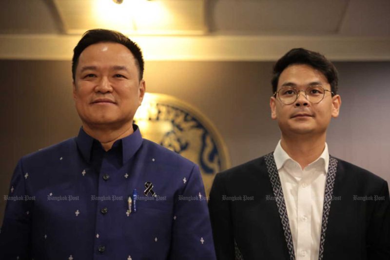 Prime Minister Anutin Charnvirakul, left, with Digital Economy and Society Minister Chaichanok Chidchob at Government House in April. Chanat Katanyu