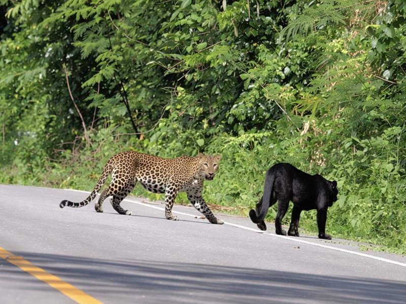 The black female and spotted male juvenile leopards seen in Kaeng Krachan park on Sunday. (Photo: Kaeng Krachan National Park)