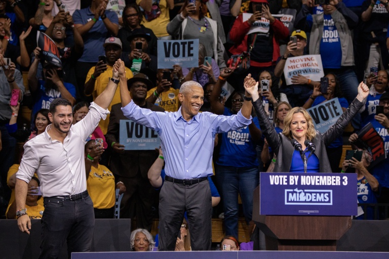Former US president Barack Obama campaigns alongside Democrat Michigan senatorial candidate Abdul El-Sayed (left) and Michigan Secretary of State and Democrat gubernatorial candidate Jocelyn Benson. (Photo: AFP)