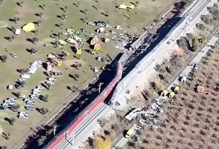 An image from a drone video taken by Spain’s Civil Guard shows the scene of the collision near Urda, Spain on Oct 28, 2026. (Photo: Guardia Civil via AFP)