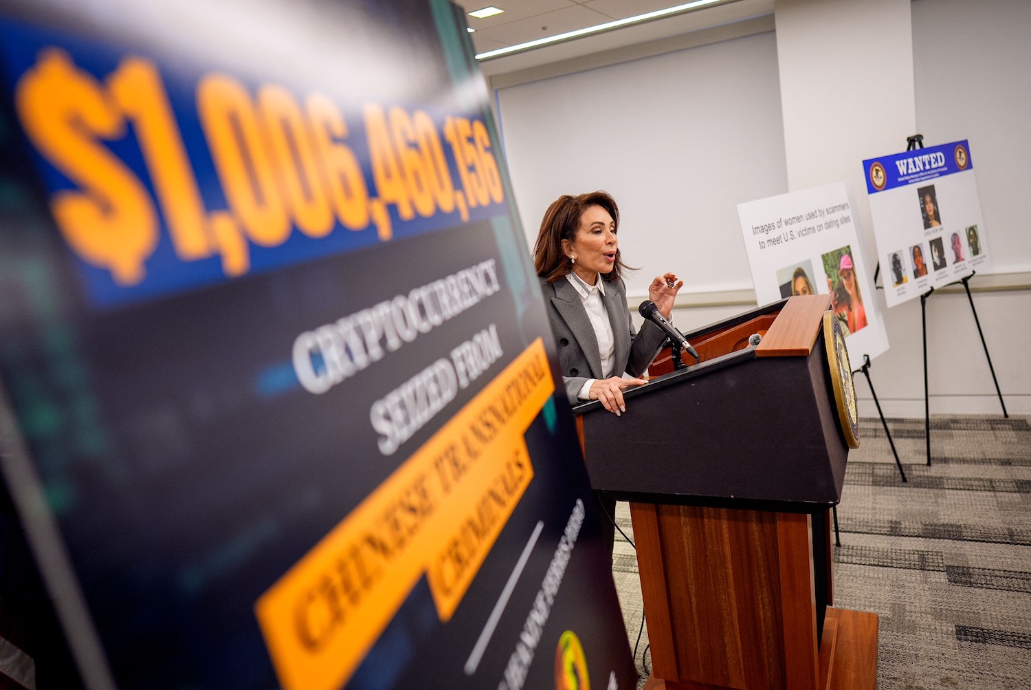 Jeanine Pirro, US Attorney for the District of Columbia, speaks during a news conference in Washington, DC announcing charges against six suspects in a Chinese-linked investment fraud scheme based in Madagascar that targeted Americans. (Photo: Getty Images via AFP)
