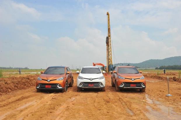 MG cars park at the construction site for SAIC Motor-CP's second assembly plant in Chon Buri province. The company says the new facility will use the most advanced technology.