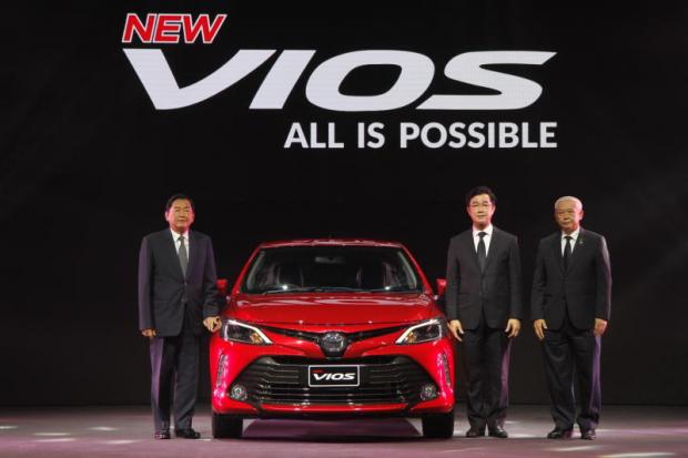 From left: Mr Kyoichi with Vudhigorn Suriyachantananont, executive vice president, and Mr Suparat at the launch of "New VIOS". Mr Kyoichi remains committed to bringing new HEV models to the Thai market.