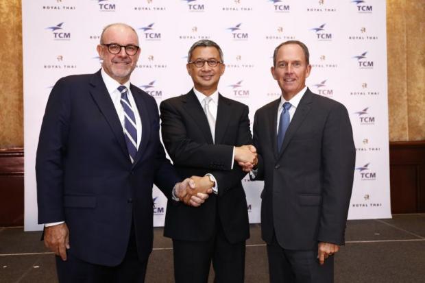 From left Mark Robert Johnson, co-CEO for flooring business at TCM Corporation; Pimol Srivikorn, chairman of TCM; and William James Palmer, co-CEO for flooring business.