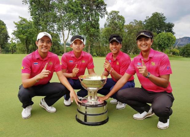 The Thai team celebrate winning the Nomura Cup in Kuala Lumpur. Kittisak Mokkarat