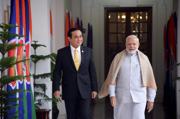 Gen Prayut Chan-o-cha joins Indian Prime Minister Narendra Modi at Hyderabad House in New Delhi during the Thai prime minister's visit to India in late January for Republic Day celebrations.