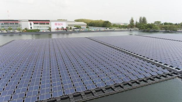 A floating solar farm at a pond at SCG Chemicals' plant in Rayong's Map Ta Phut Industrial Estate.