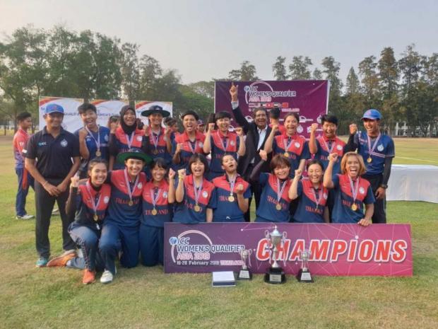 The Thai women's cricket team celebrate their success after defeating the UAE in the final match. The Thai women's cricket team celebrate their success after defeating the UAE in the final match.