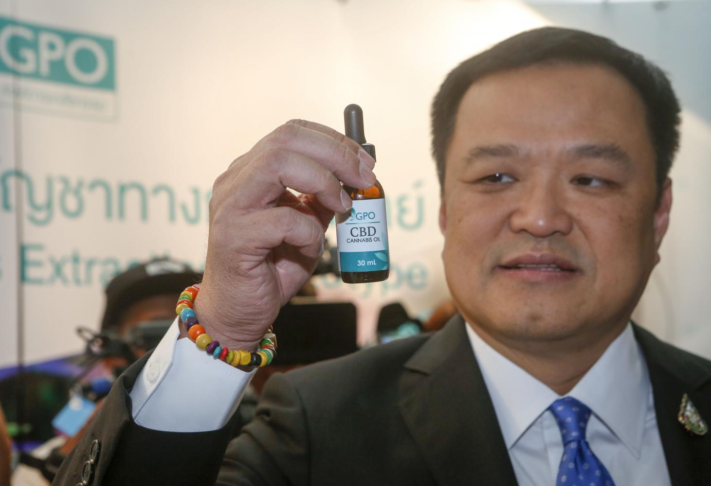 Public Health Minister Anutin Charnvirakul holds a bottle of cannabis oil extract which is part of the first batch of 4,500 bottles delivered by the Government Pharmaceutical Organisation for distribution to 12 hospitals. Pattarapong Chatpattarasill Public Health Minister Anutin Charnvirakul holds a bottle of cannabis oil extract which is part of the first batch of 4,500 bottles delivered by the Government Pharmaceutical Organisation for distribution to 12 hospitals. Pattarapong Chatpattarasill