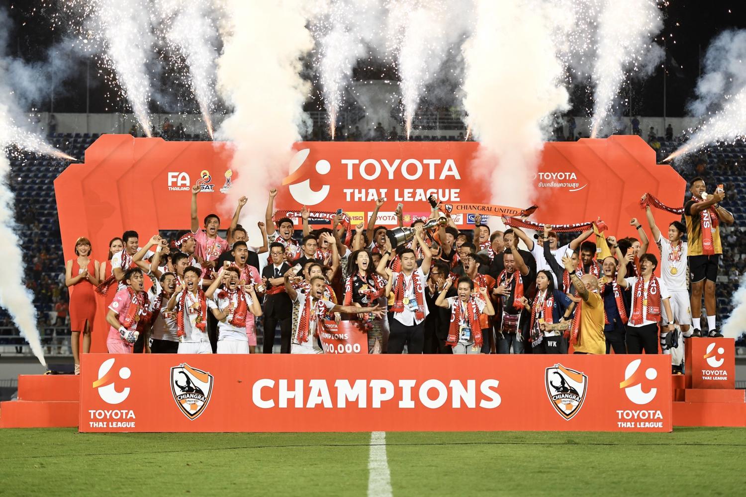 Chiang Rai United celebrate with the Thai League 1 trophy on Saturday night.