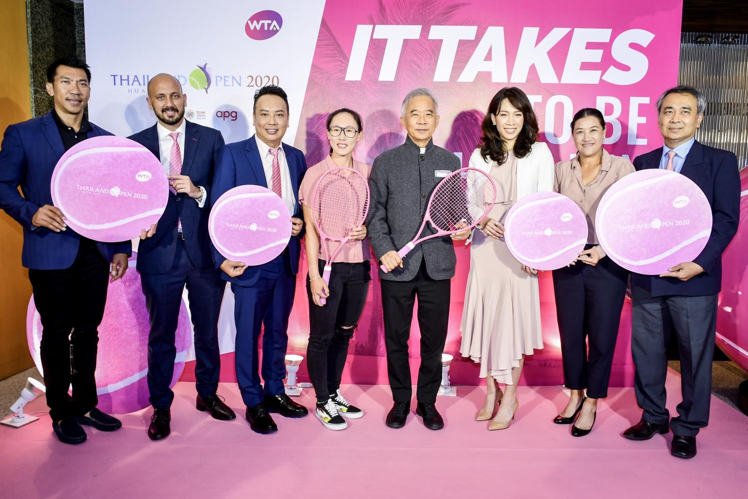 Tamarine Tanasugarn, second right, attends Tuesday's press conference presided over by Suwat Liptapanlop, fourth right.