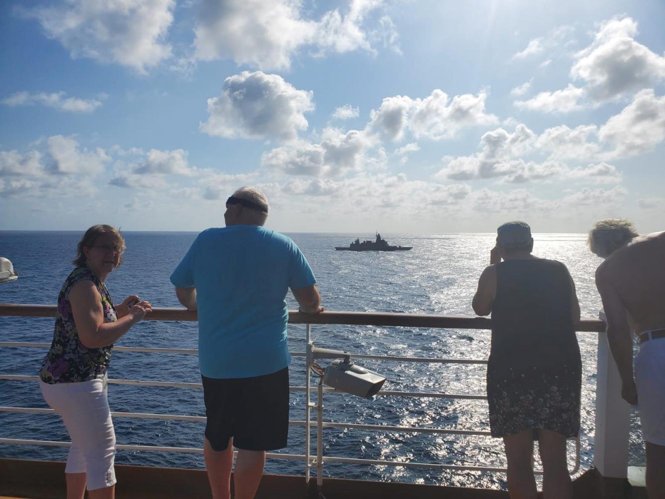 The navy frigate HTMS Bhumibol Adulyadej is seen from the MS Westerdam liner in waters off the Thai coast. (Angela Jones/Handout via Reuters photo)