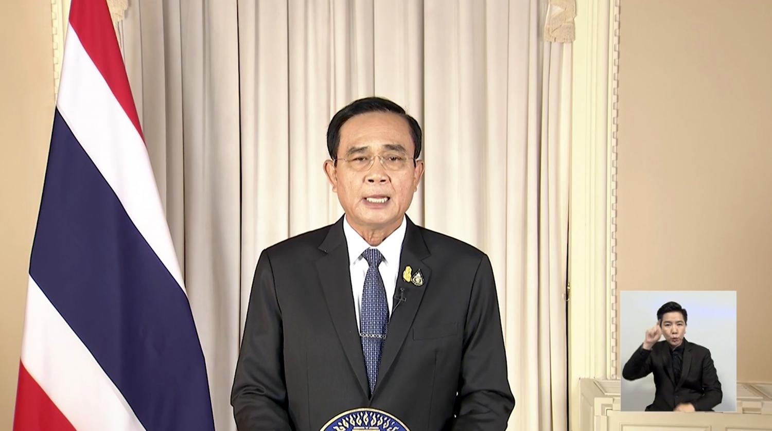 Thai Prime Minister Gen Prayut Chan-o-cha speaks on March 25, announcing that the Emergency Decree would be invoked form march 26 to April 30. (TV POOL)