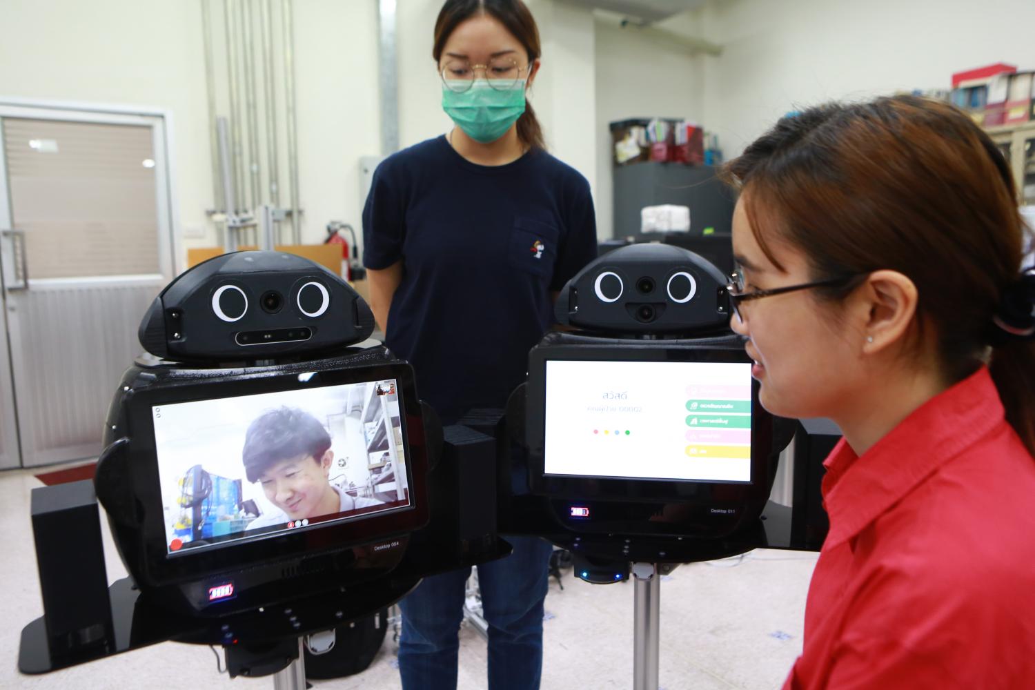 A telemedicine robot developed by a Chulalongkorn University research team is tested before being deployed to tend to Covid-19 patients.