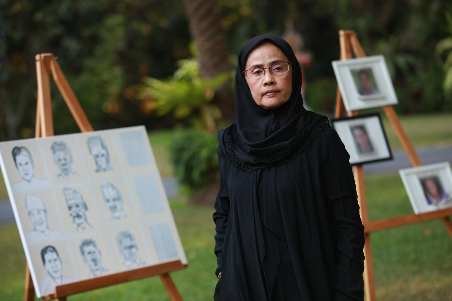 Former national human rights commissioner Angkhana Neelapaijit posed for a picture at an art exhibition under the theme 'Voice From the Disappeared' as the Dutch embassy last year marked the 15th anniversary of the March 2004 disappearance of her husband, Muslim lawyer Somchai Neelapaijit. (Bangkok Post file photo)