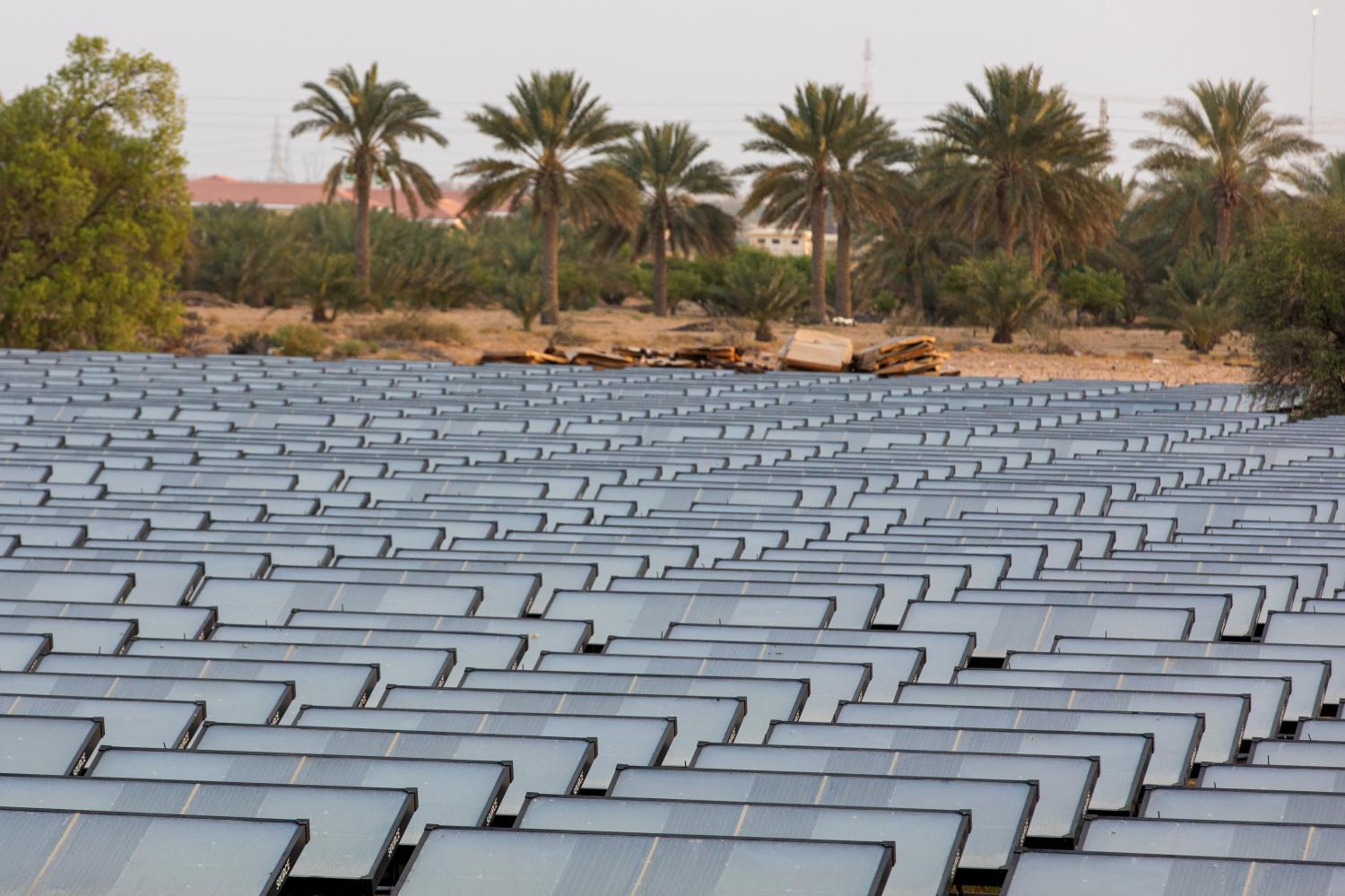 Hydropanels, produced by Zero Mass, stand at the planned site of the IBV drinking water plant in Lehbab, Dubai. (Photos: Bloomberg)