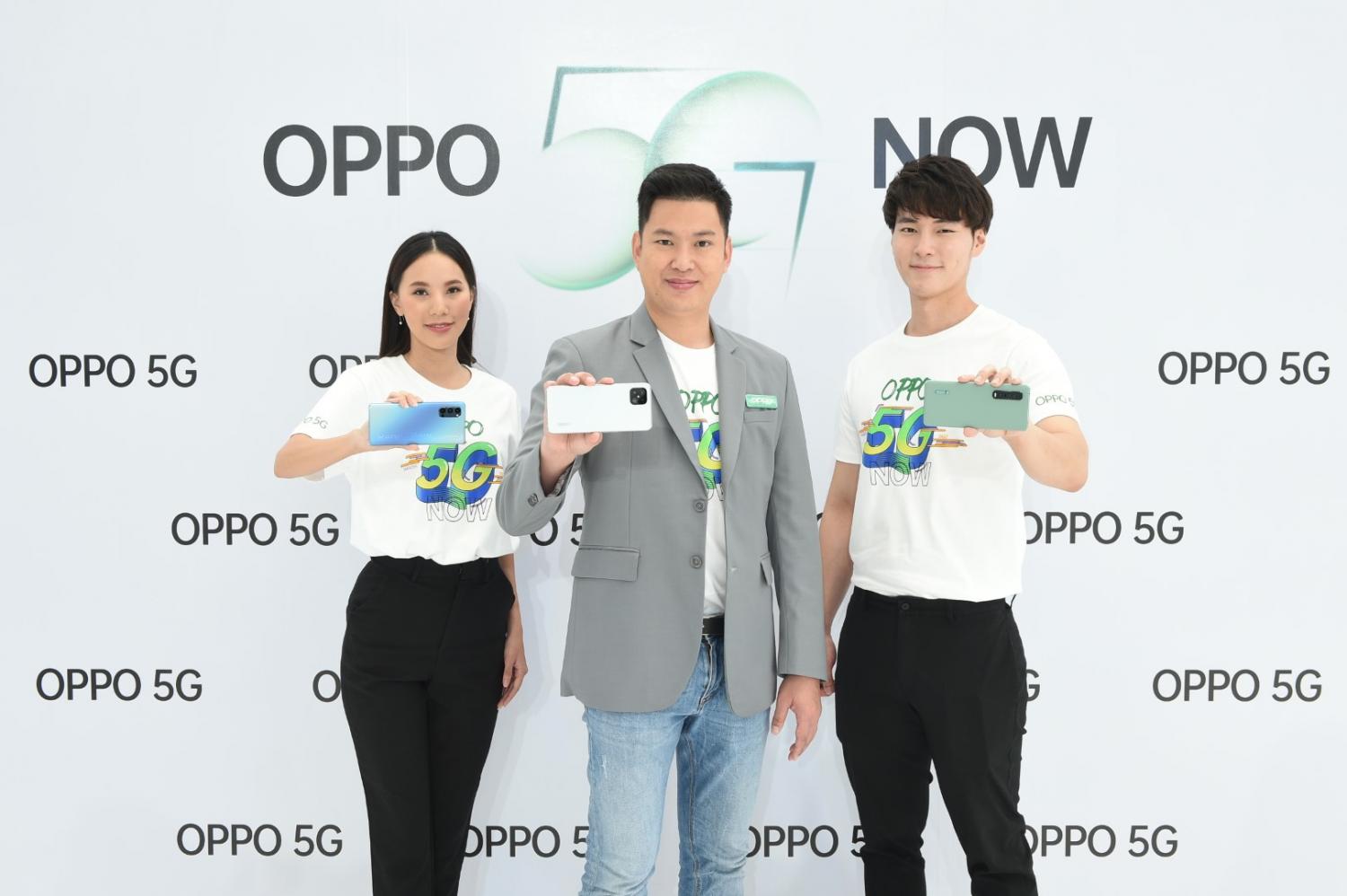 Mr Chanon, centre, promotes three new Oppo models of 5G-enabled smartphones.