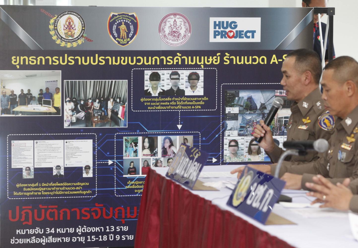 The Central Investigation Bureau uses a chart to demonstrate a raid on a spa in Nonthaburi's Muang district in which 12 people were arrested in connection with human trafficking and nine girls aged under 18 were rescued. (Photo by Pattarapong Chatpattarasill)