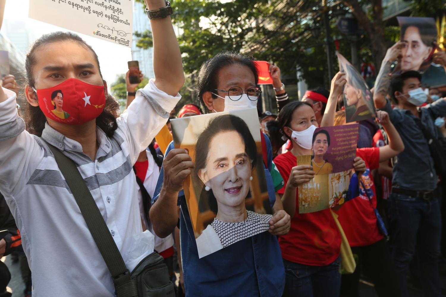 Supporters of Aung San Suu Kyi at a protest against the military coup in Myanmar on Monday mass in front of the Myanmar embassy in Bangkok. (Photo by Varuth Hirunyatheb)