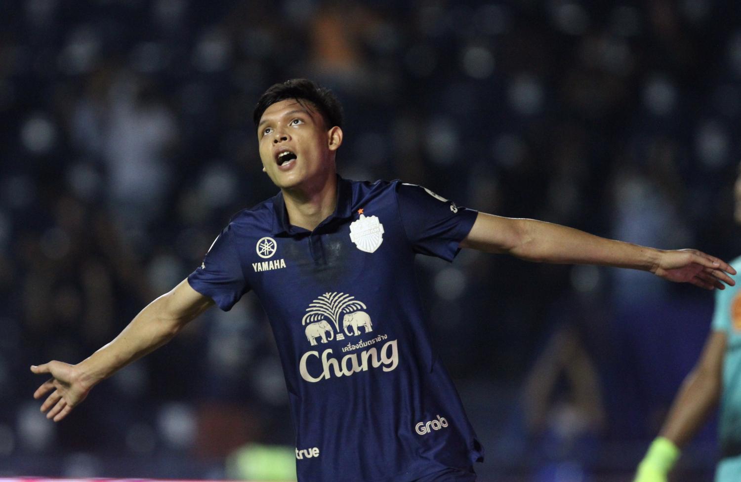 Buriram's Supachai Chaided celebrates after scoring against Trat on Tuesday night. Buriram's Supachai Chaided celebrates after scoring against Trat on Tuesday night.