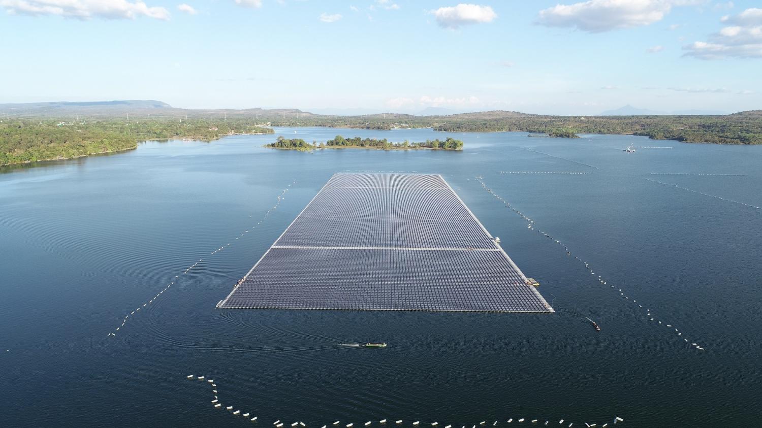 A floating solar power installation with a capacity of 45 megawatts in the reservoir of the Sirindhorn Dam in Ubon Ratchathani will be the world's largest when completed in June, according to the Electricity Generating Authority of Thailand. Photo Courtesy of EGAT