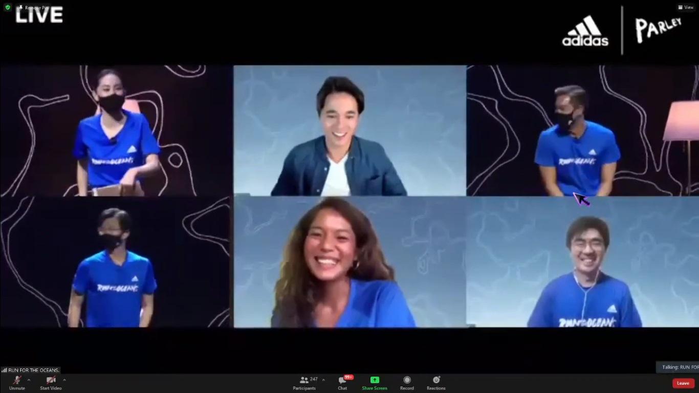 Above from left, Sujira Aroonpipat, Alex Rendell and Tulyatep Uawithya. Below from left, Petch Manopawitr, Naiyapak 'Nancy' Poompak and Prem Pruktayanon at the online talk forum: 'Run For The Oceans'. Photo courtesy of Adidas Thailand