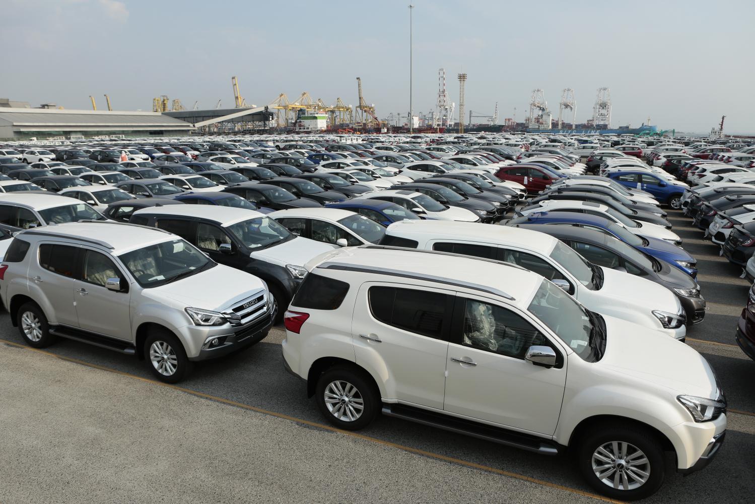 Cars for export are lined up at the Laem Chabang deep-sea port in Chon Buri province.