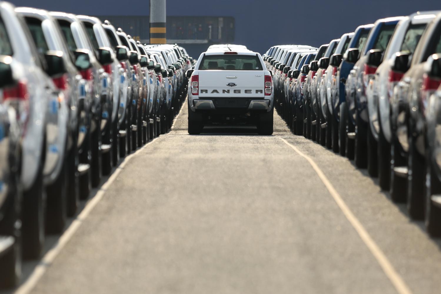 New cars are lined up for export from Laem Chabang deep-sea port in Chon Buri. (Photo: Patipat Janthong)