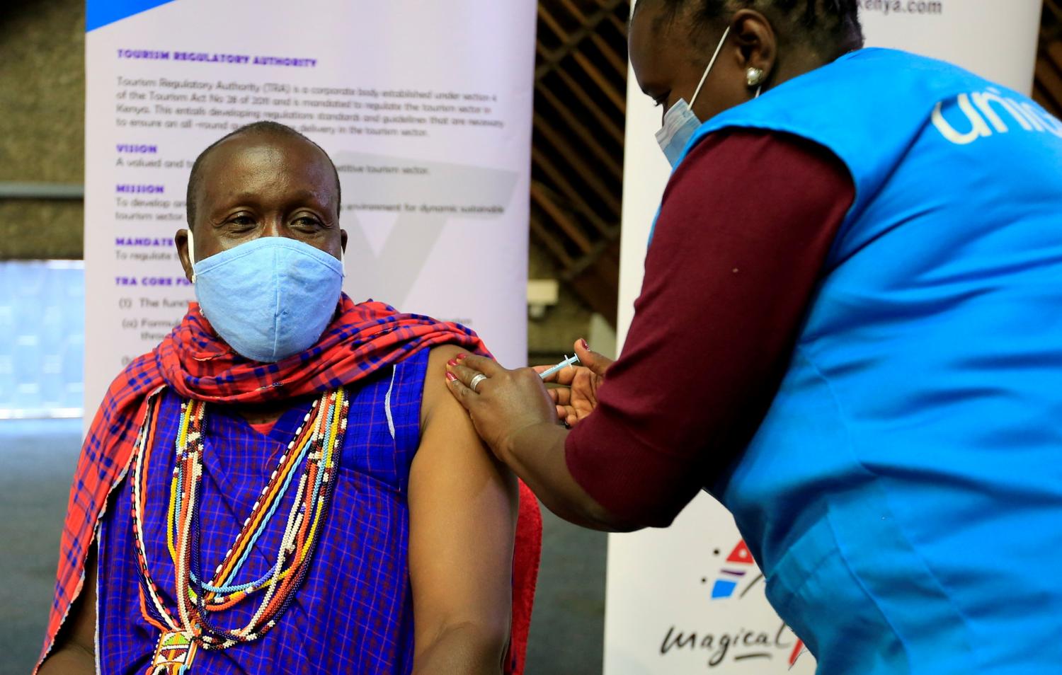 Kenyan tour guide Daniel Ole Kissipan receives the AstraZeneca vaccine against Covid-19, developed with Oxford University, under the Covax scheme, in Nairobi, Kenya in April. (Photo: Reuters) Kenyan tour guide Daniel Ole Kissipan receives the AstraZeneca vaccine against Covid-19, developed with Oxford University, under the Covax scheme, in Nairobi, Kenya in April. (Photo: Reuters)