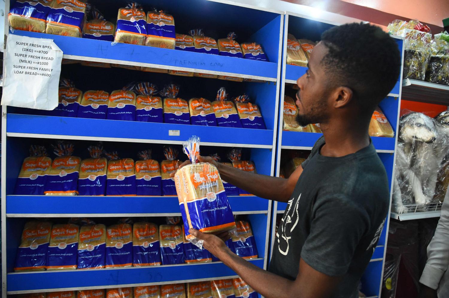 A supermarket in Lagos, Nigeria, displays prices for bread. Russia and Ukraine are major suppliers of wheat to Africa.