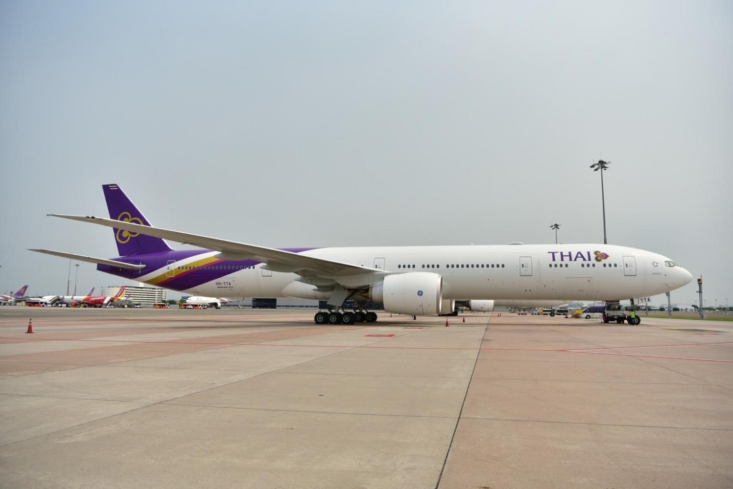 A Thai Airways International Boeing 777-300ER aircraft is seen parked at Suvarnabhumi airport.