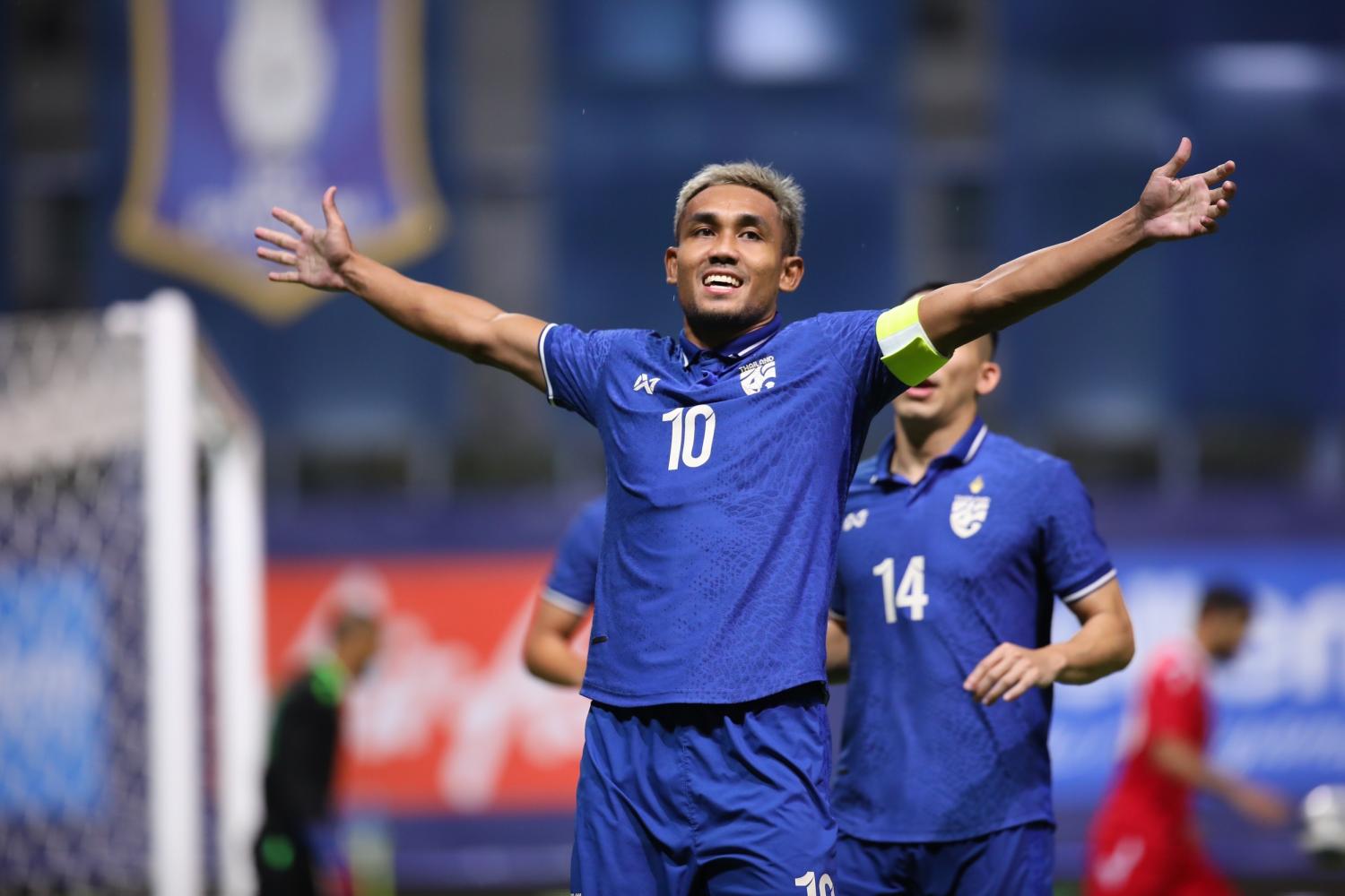 Thailand's Teerasil Dangda reacts after scoring against Bahrain.