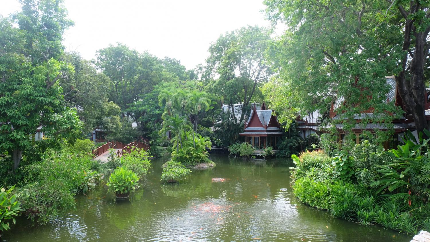 A lobby offers the leafy view of the resort.