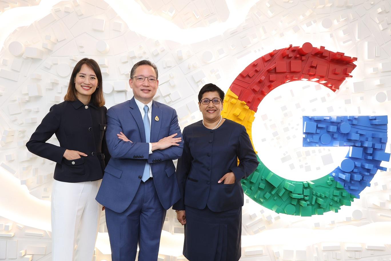 From left are April Srivikorn, Google Cloud's country manager for Thailand, Payong Srivanich, chief executive of Krungthai Bank, and Ms Balasubramanian.