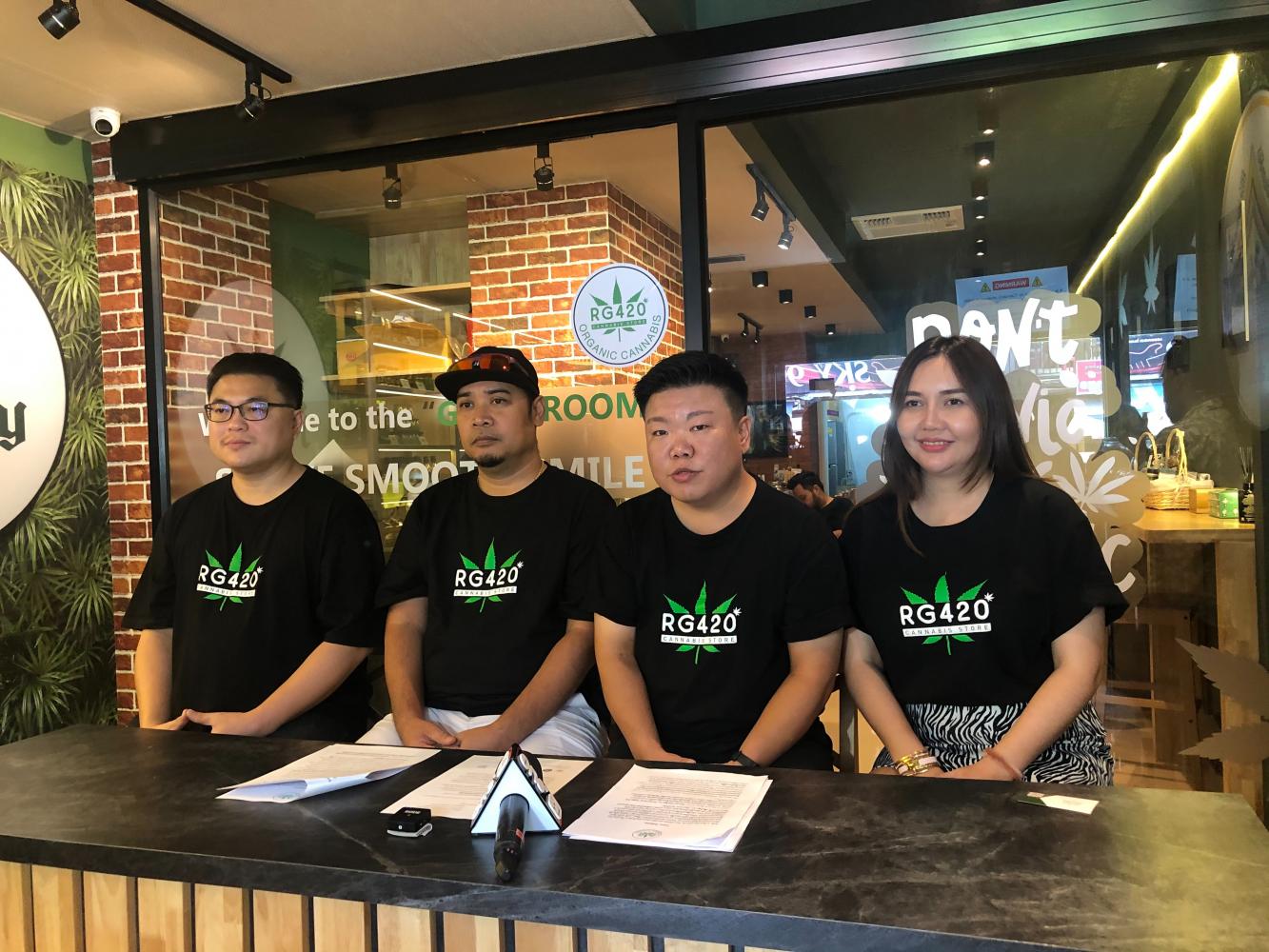 From left are Thanakin Siridusitwong, CEO of Raggan 420 Co, a cannabis processing factory, Mr Natworaphakkhathorn, Ongard Panyachatirak, the owner of Pethlanna Organic Farm, a Lampang-based community enterprise and Ms Netnapa.